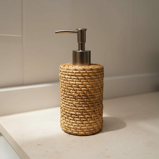 Natural Rattan Soap Dispenser with handwoven rattan body and pump nozzle on a bathroom counter