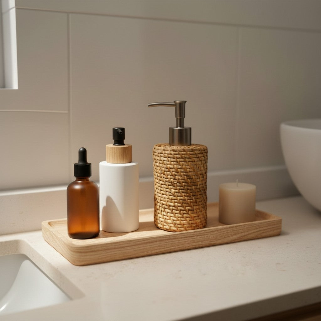 Natural Rattan Soap Dispenser styled with a towel and matching bathroom accessories