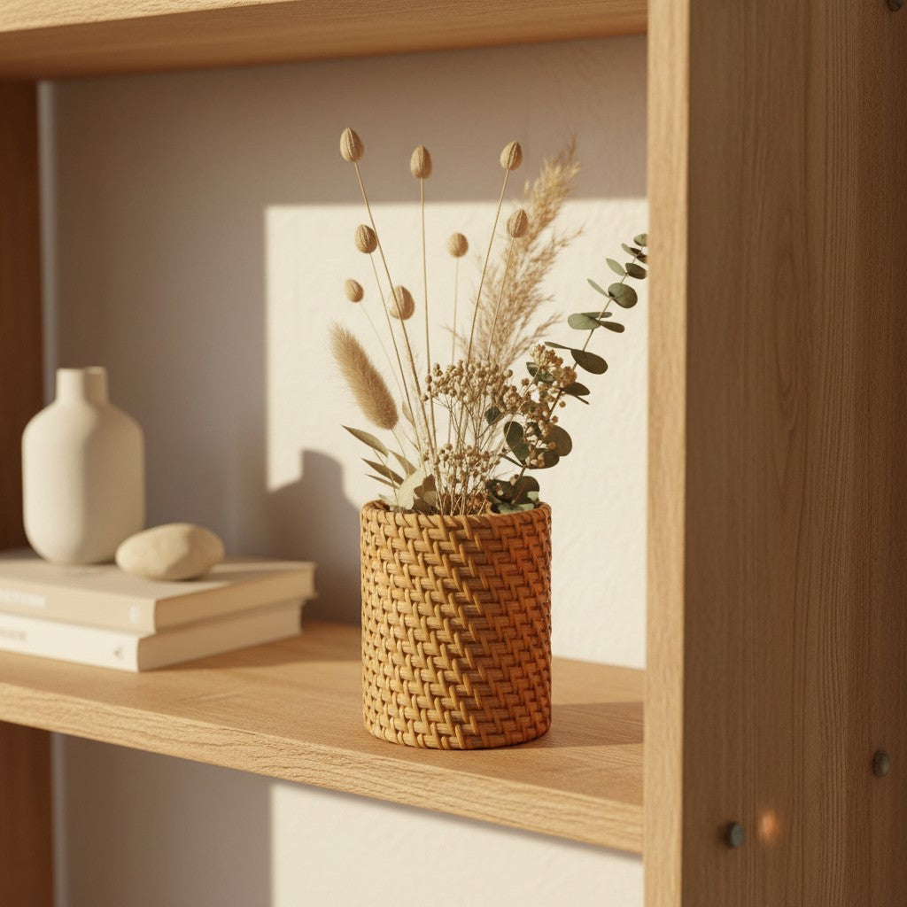 Natural Rattan Utility Holder styled with dried stems on an open wooden shelf