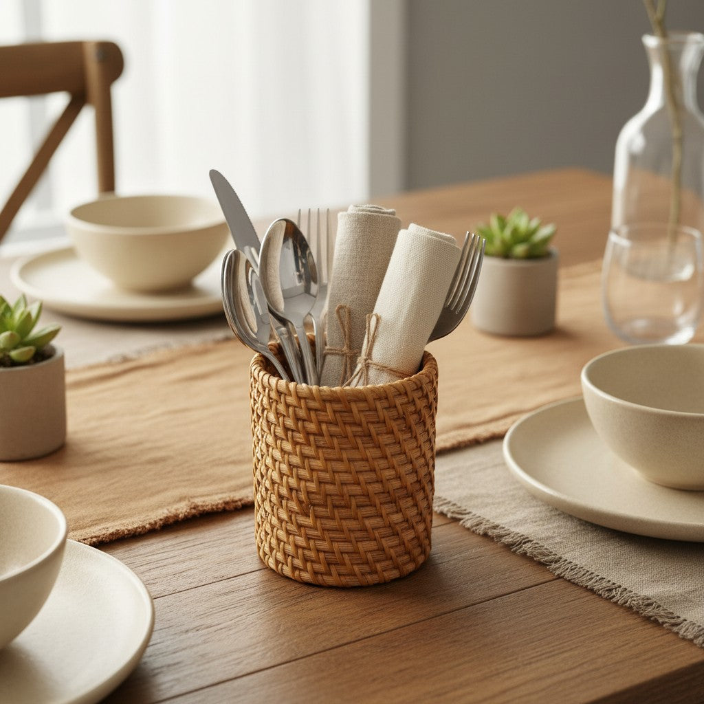 Natural Rattan Utility Holder used as a cutlery holder on a dining table