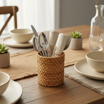 Natural Rattan Utility Holder used as a cutlery holder on a dining table