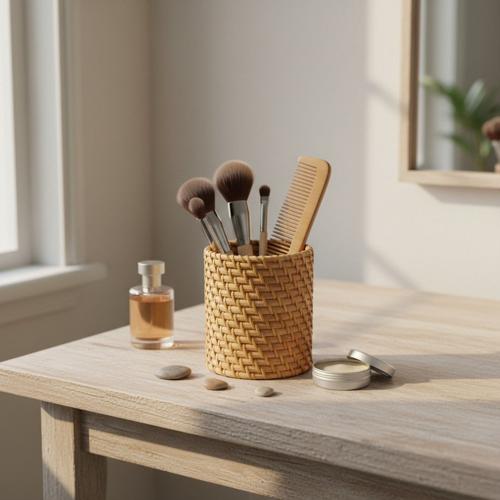 Natural Rattan Utility Holder styled with makeup brushes on a vanity table