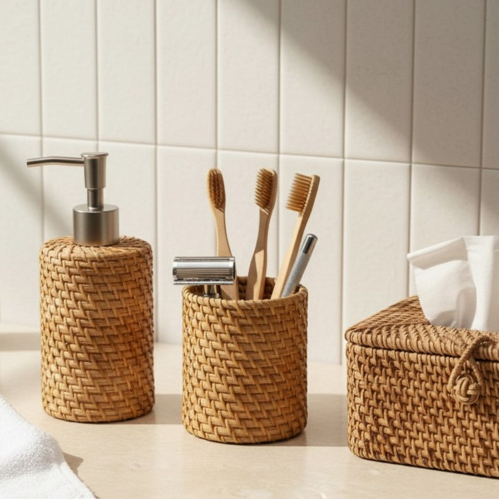 Handwoven rattan bathroom set with soap dispenser, utility holder and tissue box styled on a bathroom counter