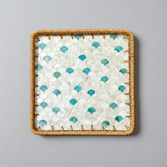 Ocean Wave square tray in authentic mother-of-pearl with teal fan inlays and hand-woven rattan rim on grey backdrop