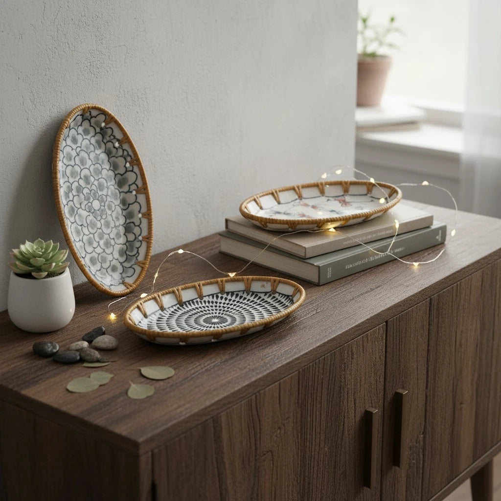 Oval ceramic rattan tray set stylised on console
