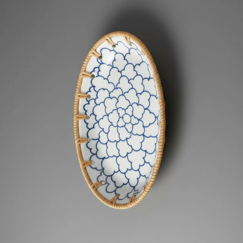 Oval ceramic tray with rattan edge, Indigo Cloud pattern