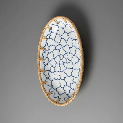 Oval ceramic tray with rattan edge, Indigo Cloud pattern