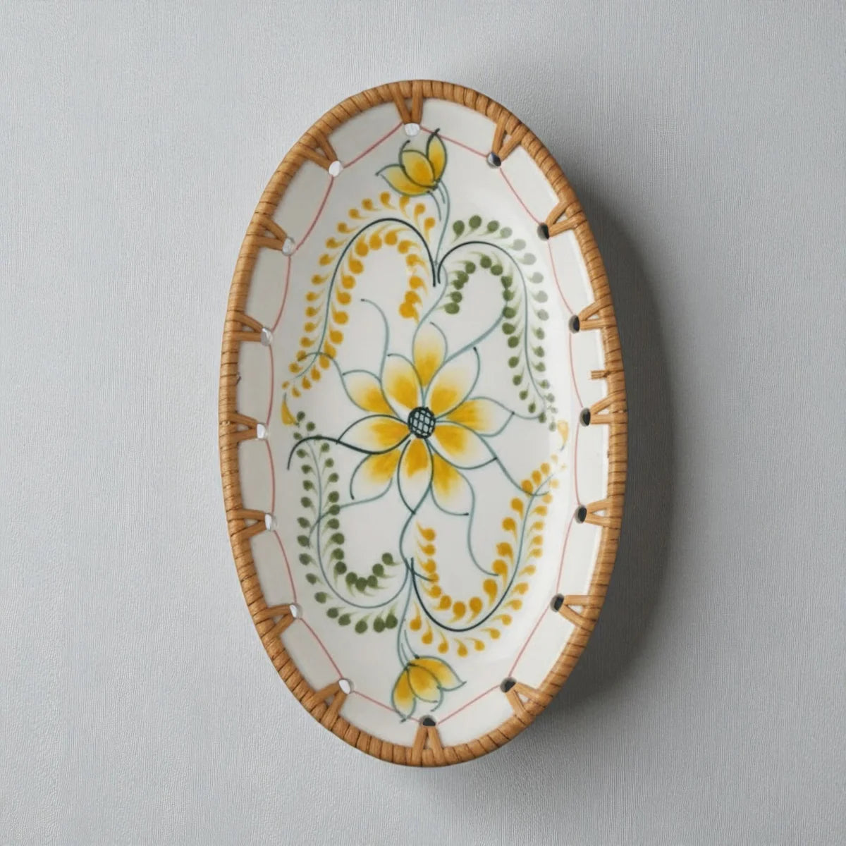 Oval ceramic tray with rattan edge, Marigold Bloom yellow floral