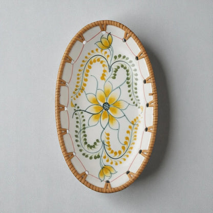 Oval ceramic tray with rattan edge, Marigold Bloom yellow floral