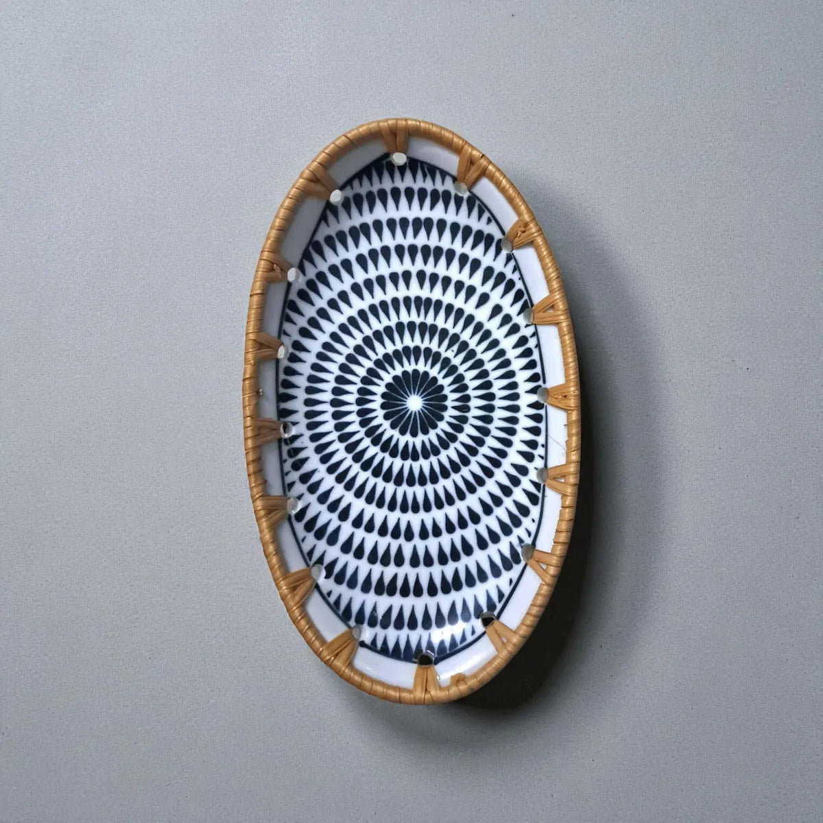 Oval ceramic tray with rattan edge, Midnight Mandala pattern