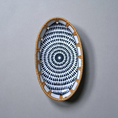 Oval ceramic tray with rattan edge, Midnight Mandala pattern