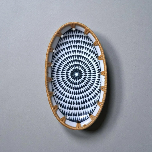 Oval ceramic tray with rattan edge, Midnight Mandala pattern
