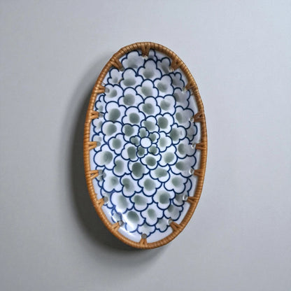 Oval ceramic tray with rattan edge, Sage Bloom pattern, front view