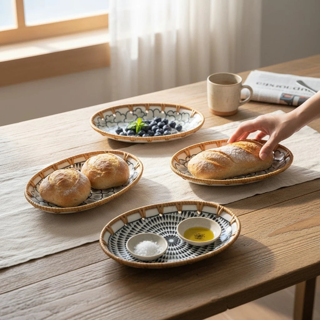 Oval ceramic rattan tray set on coffee table with chai and succulents