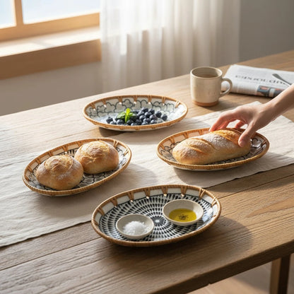 Oval ceramic rattan tray set on coffee table with chai and succulents