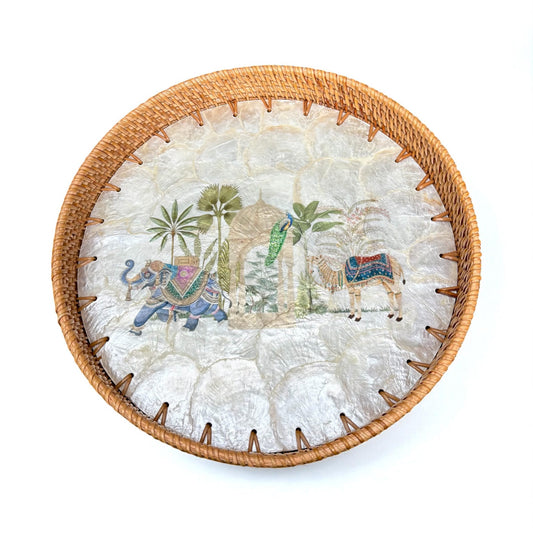 Royal Oasis Round Tray | Mother-of-Pearl Mosaic with Hand-Woven Rattan Rim