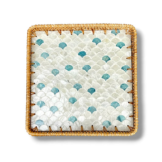 Ocean Wave Square Tray | Mother-of-Pearl Mosaic with Turquoise Accents & Hand-Woven Rattan Rim