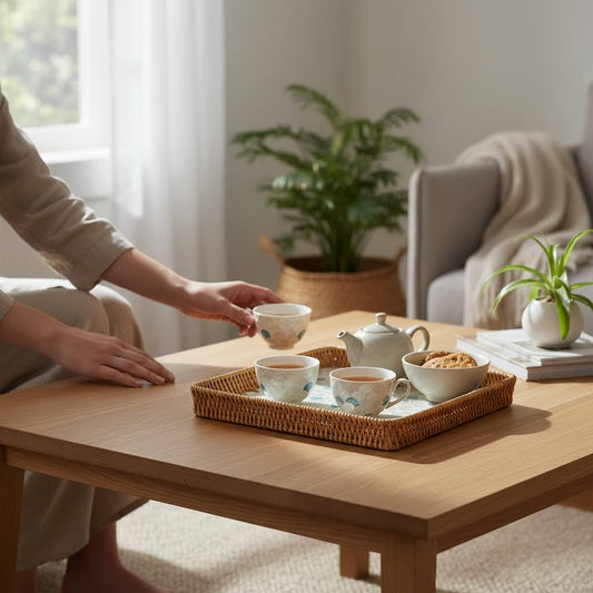 Ocean Wave mother-of-pearl rattan tray styled with tea set on a light wood coffee table in a cosy living room