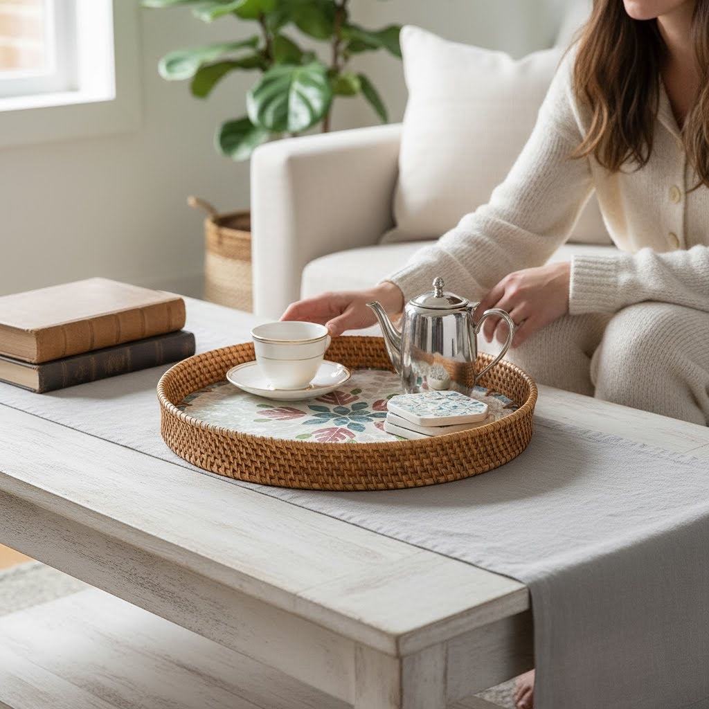 Rattan serving tray with mother-of-pearl mosaic used for tea on a white coffee table