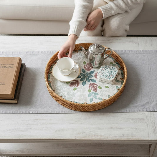 Round decorative tray on a sofa with a book and cup, relaxed living room setup