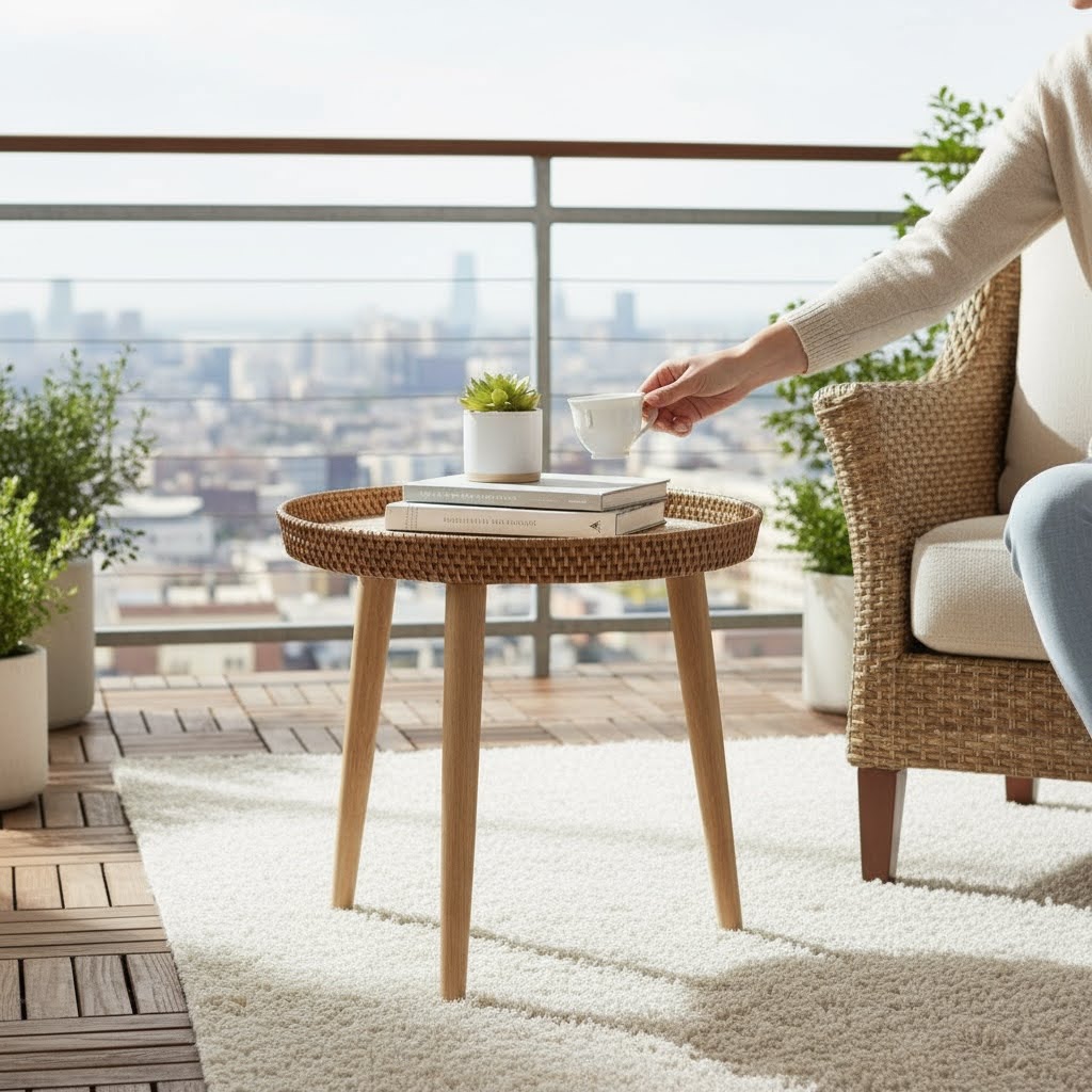 Round mother-of-pearl side table styled on balcony with city view