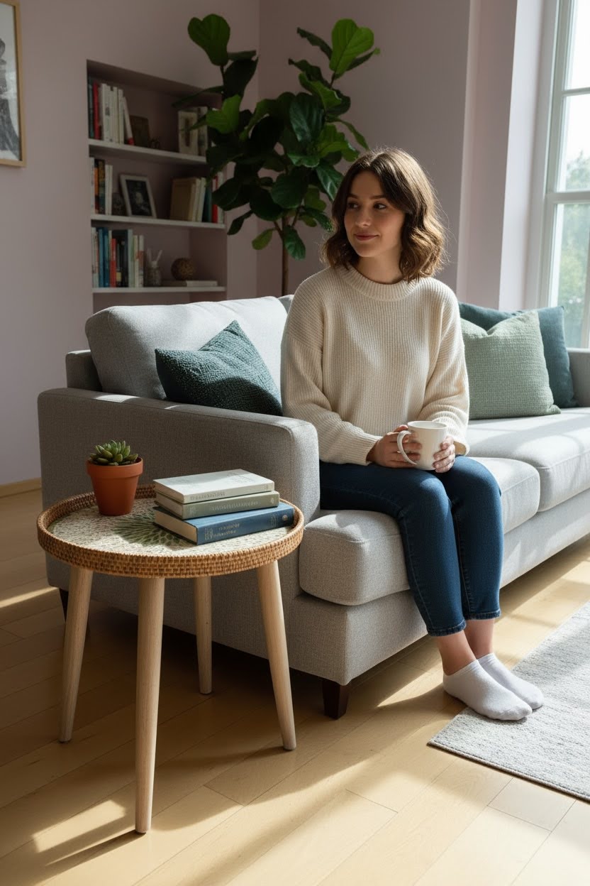 Round rattan and mother-of-pearl side table next to sofa in living room
