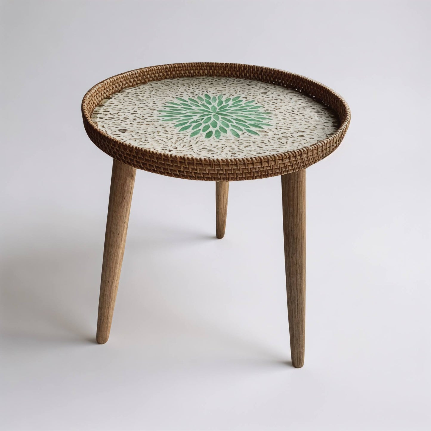 Round mother-of-pearl and rattan side table on white background