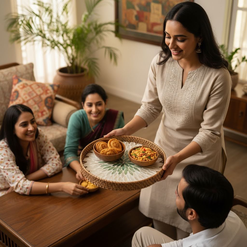 Emerald Petal Round Tray | Mother-of-Pearl Mosaic with Hand-Woven Rattan Rim
