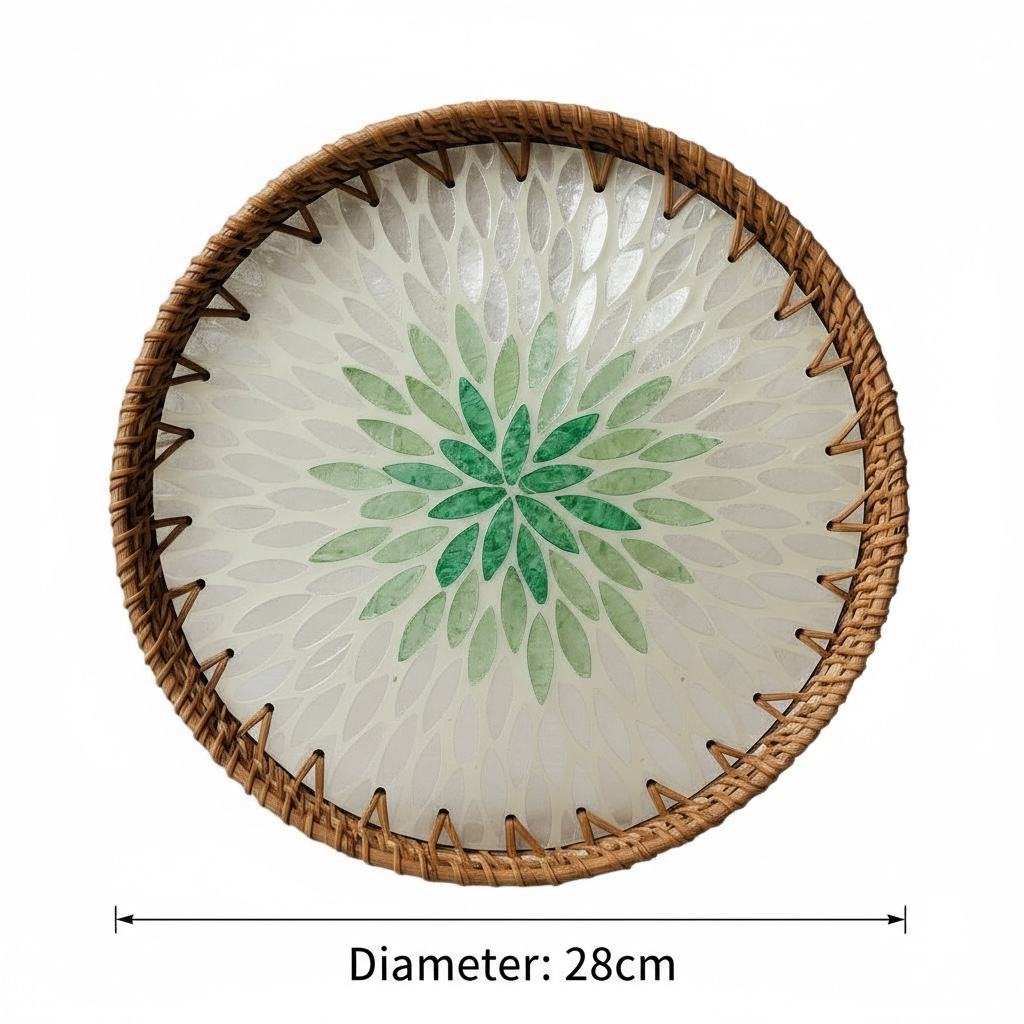 Emerald Petal Round Tray | Mother-of-Pearl Mosaic with Hand-Woven Rattan Rim