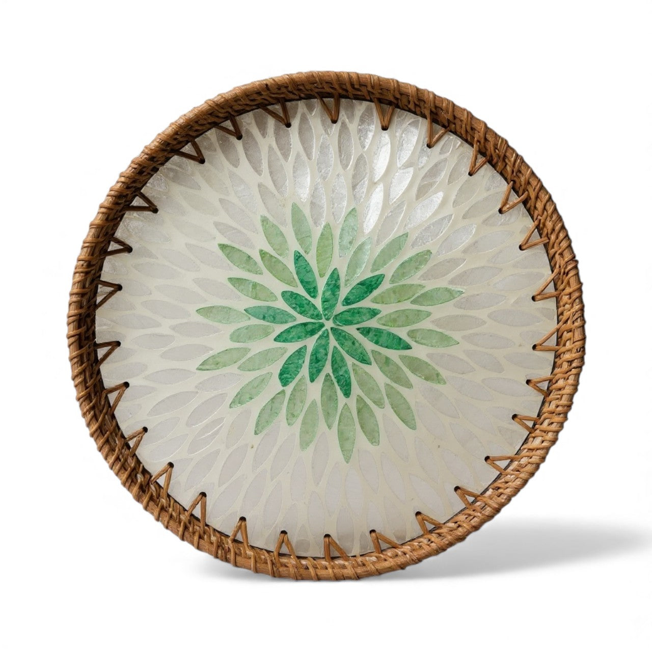 Emerald Petal Round Tray | Mother-of-Pearl Mosaic with Hand-Woven Rattan Rim