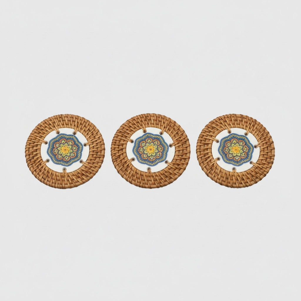 Sunlit Blue rattan coaster set of 3 on light background, blue-yellow mandala ceramic center