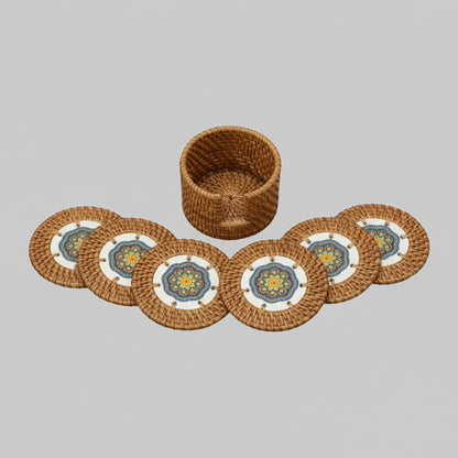 Sunlit Blue rattan coasters with blue-yellow mandala ceramic art, set of 6 with matching holder, top view