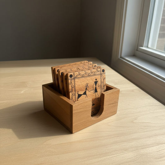 Warli Handcrafted Wooden Coasters with Holder (Set of 4 / Set of 6)