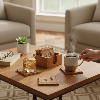 Warli Handcrafted Wooden Coasters with Holder (Set of 4 / Set of 6)