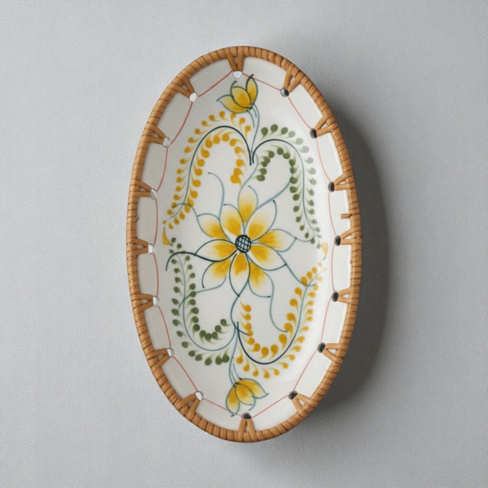 Oval ceramic tray with rattan edge, Marigold Bloom yellow floral