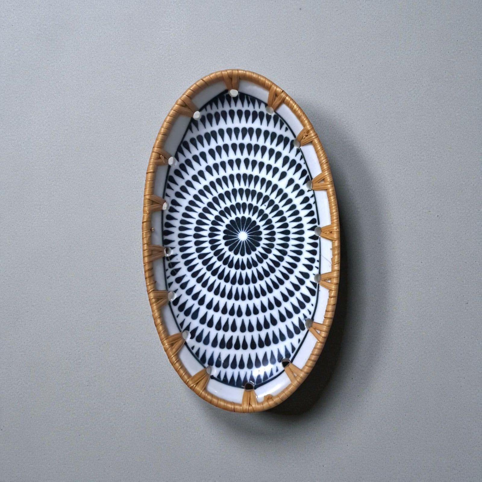 Oval ceramic tray with rattan edge, Midnight Mandala pattern
