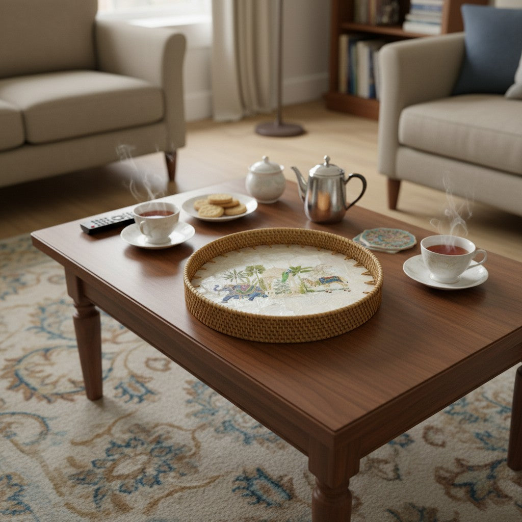 Tea setting with Royal Oasis mother-of-pearl mosaic tray on living-room table