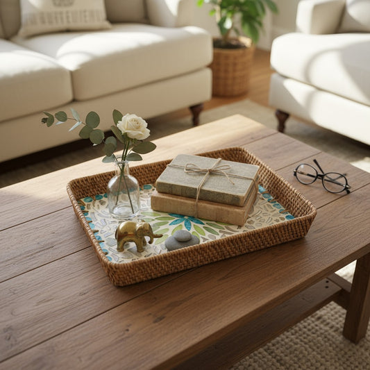 Lagoon Bloom Rectangular Tray | Mother-of-Pearl Mosaic with Hand-Woven Rattan Rim