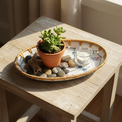 Sage Bloom oval ceramic tray styled on side table with plant