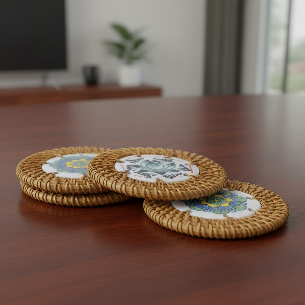 Stacked rattan coasters with floral centre design on dark wooden table