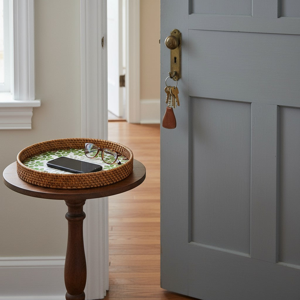 Round mother-of-pearl tray on a pedestal side table – decorative accent styling.