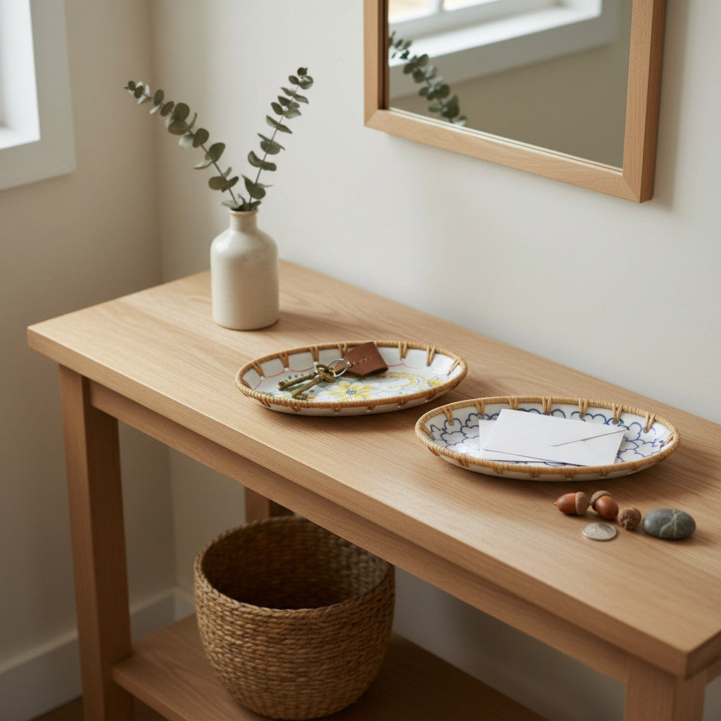 Two oval ceramic rattan trays styled on console under mirror
