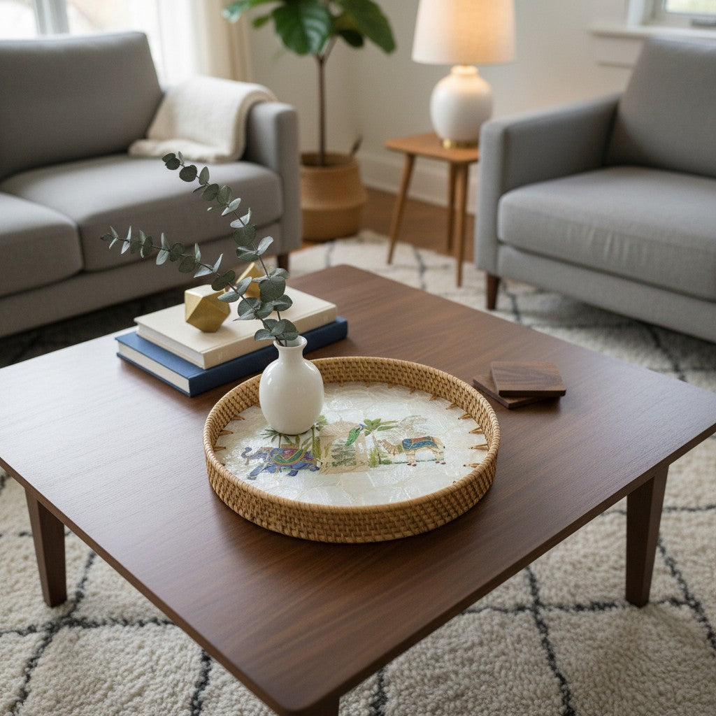 Royal Oasis mother-of-pearl rattan tray on a living-room coffee table with vase and books