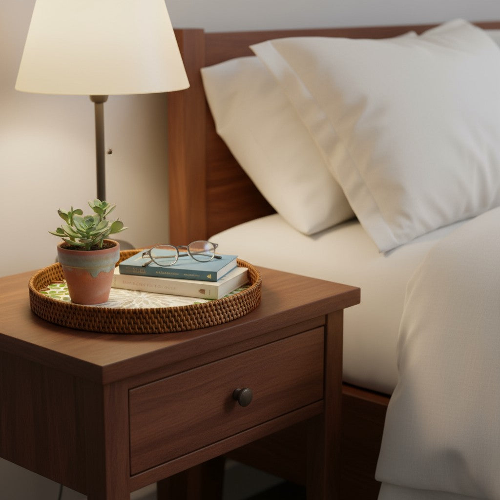 Round rattan-rim mother-of-pearl tray on a bedside table with lamp – bedroom styling idea.