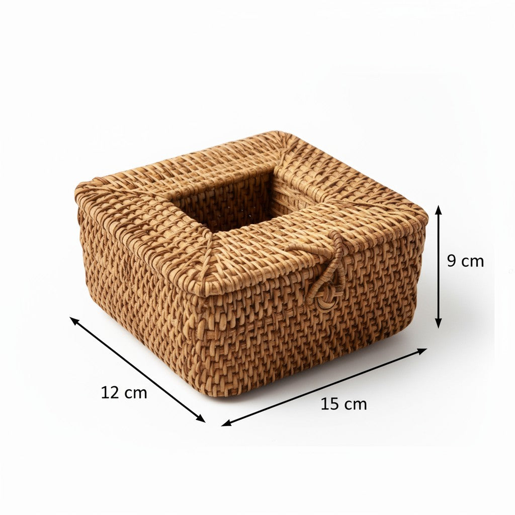 Square rattan tissue box cover with size shown as 15 cm by 12 cm by 9 cm