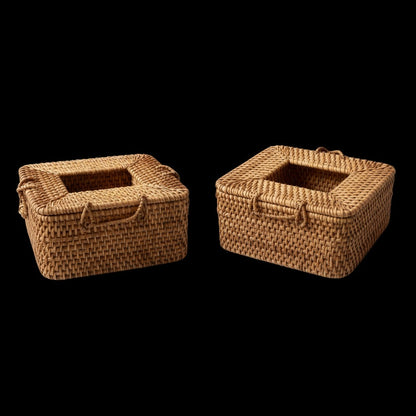 Two square rattan tissue box covers on a black background, showing lid and base separately