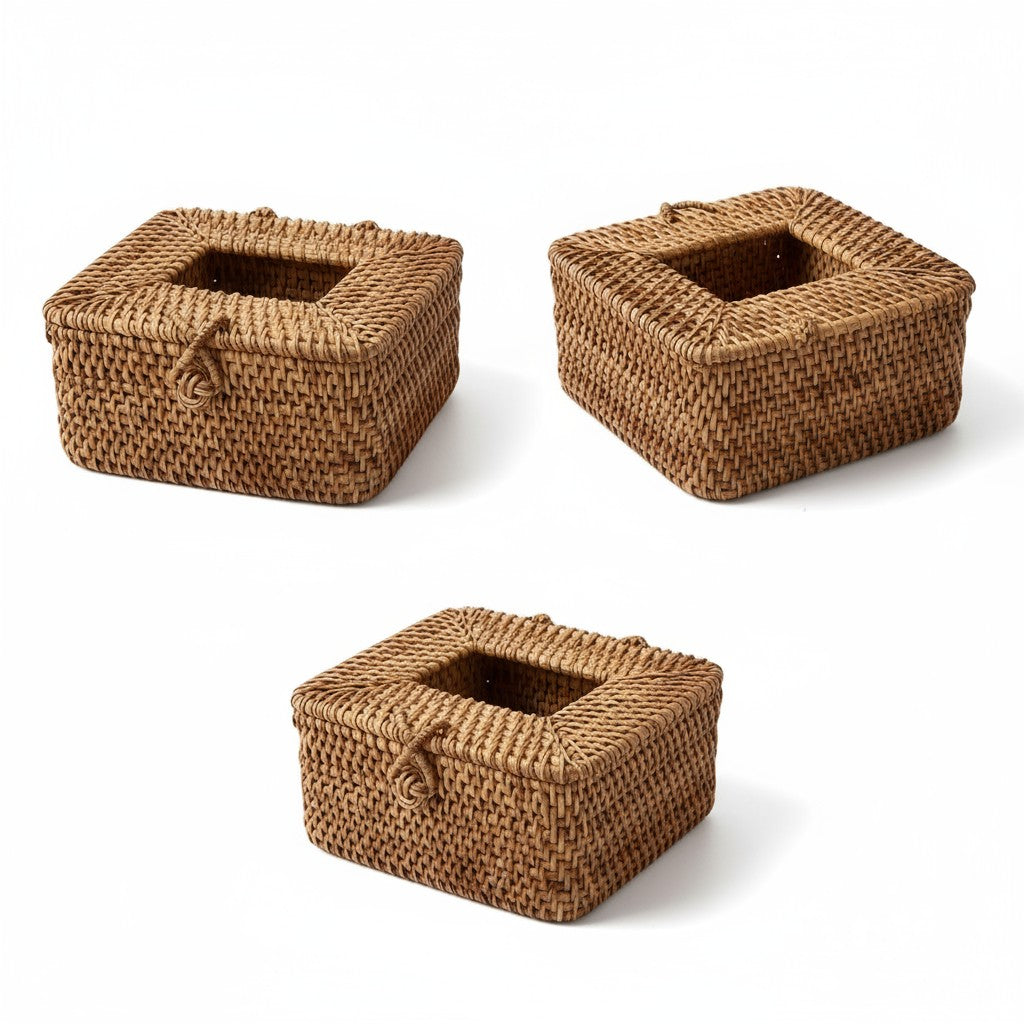 Set of square handwoven rattan tissue box covers in different angles on a white background