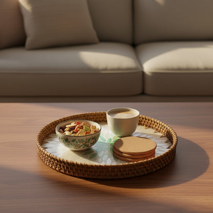 Mother-of-pearl rattan tray on a living-room coffee table with a cup of tea and snacks to show light serving