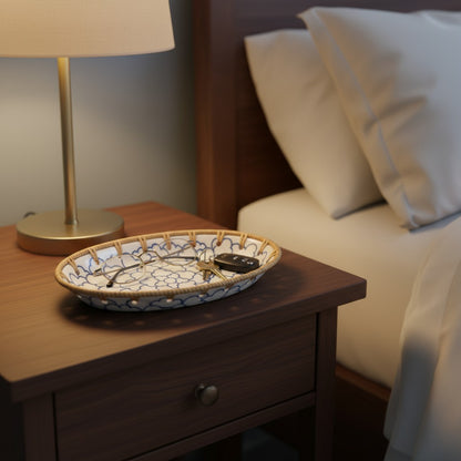 Oval ceramic rattan tray on bedside table with lamp