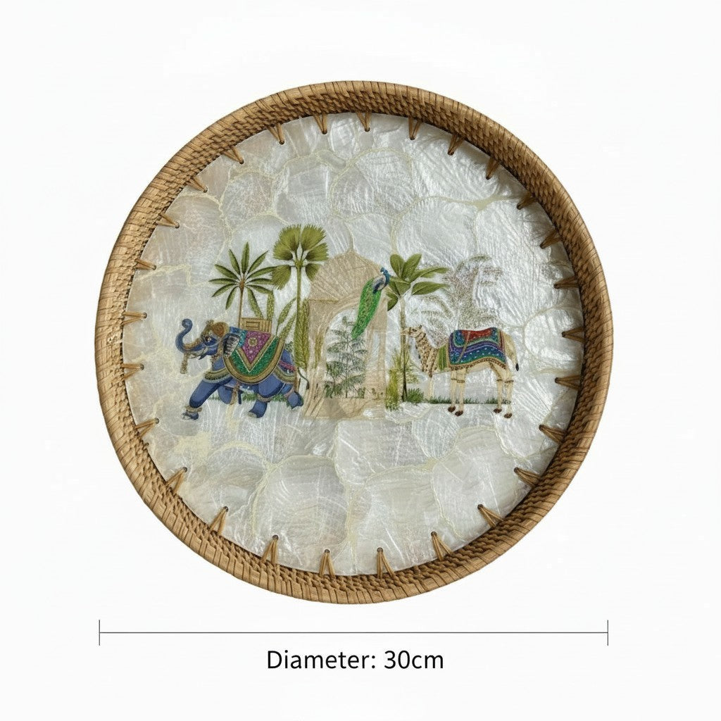 Round mother-of-pearl tray top view —30 cm diameter with measurement overlay